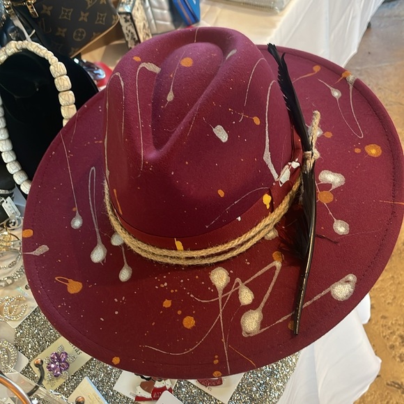 Burgundy Hat with Feather and unique  Paint Splatter